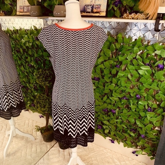 Robbie Bee Signature Black White ZigZag Stripped Dress Red Lining Size Medium - Picture 3 of 6